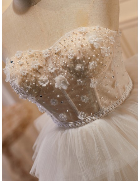 Beautiful Ballgown Tulle Ivory White Homecoming Dress with Beaded Flowers