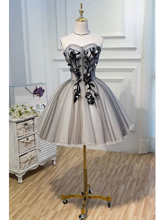 Unique Grey Tulle Short Ballgown Prom Dress with Appliques