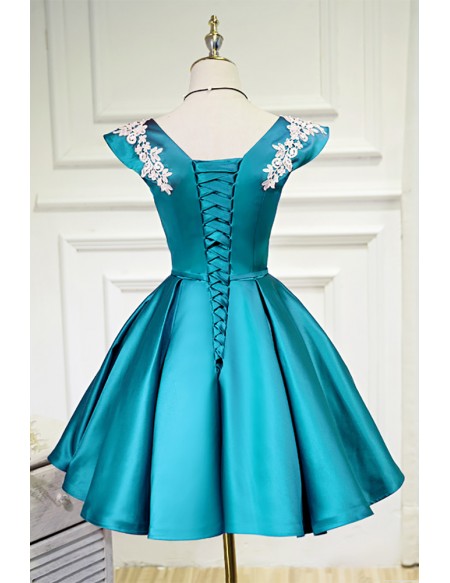 Short Ballgown Satin Homecoming Dress Vneck with Appliques