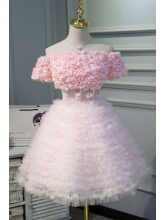 Lovely Pink Puffy Short Homecoming Dress Off Shoulder with Flowers