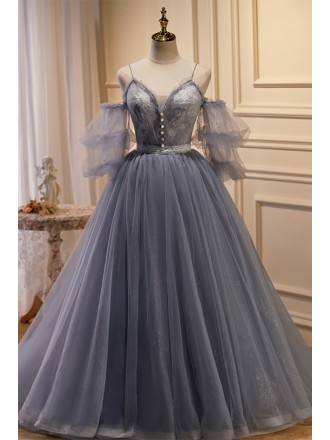 Gorgeous Grey Ballgown Tulle Prom Dress with Lantern Sleeves