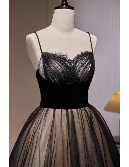 Simple Long Black Ballgown Lace Prom Dress with Spaghetti Straps