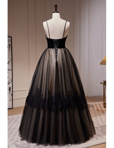 Simple Long Black Ballgown Lace Prom Dress with Spaghetti Straps