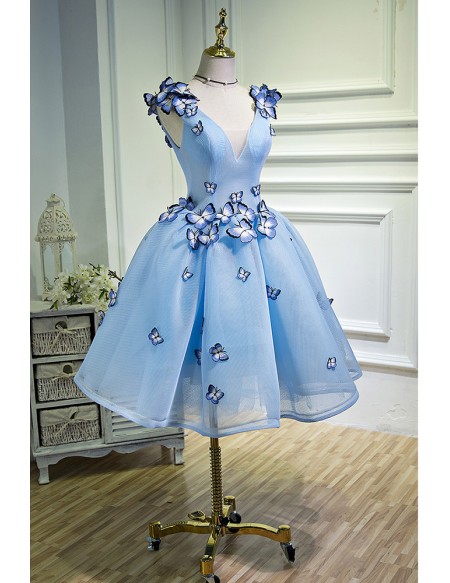 Sky Blue Short Ballgown Mesh Tulle Prom Hoco Dress with 3d Butterflies