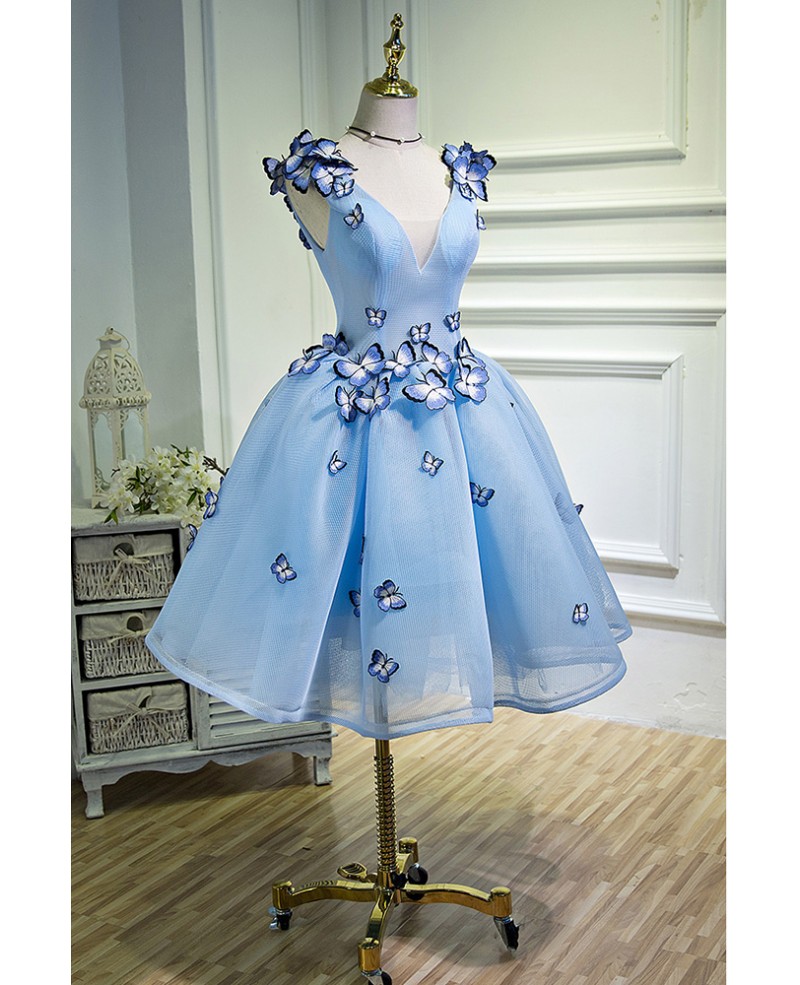 Sky Blue Short Ballgown Mesh Tulle Prom Hoco Dress with 3d Butterflies ...