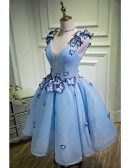Sky Blue Short Ballgown Mesh Tulle Prom Hoco Dress with 3d Butterflies