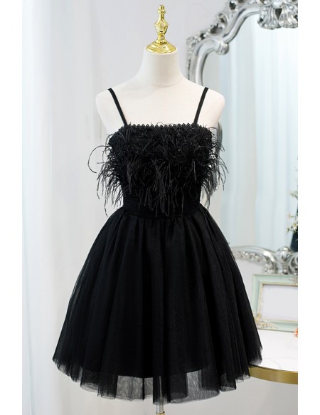 Little Black Short Tulle Homecoming Dress with Feathers