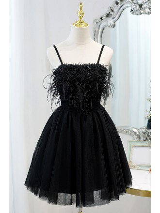 Little Black Short Tulle Homecoming Dress with Feathers