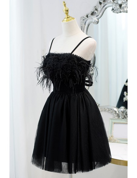Little Black Short Tulle Homecoming Dress with Feathers