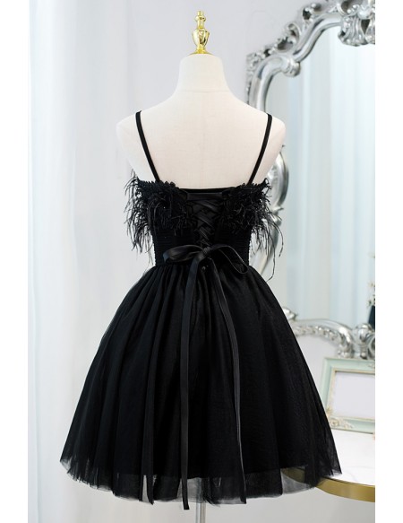 Little Black Short Tulle Homecoming Dress with Feathers