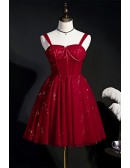Burgundy Red Bling Tulle Short Hoco Dress with Corset Top