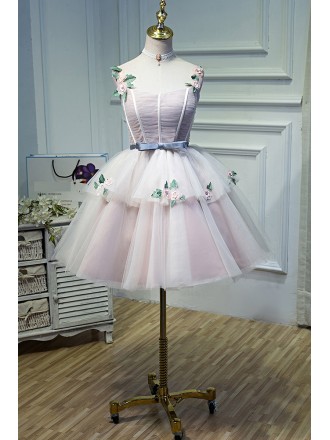 Pretty Flowers Short Ballgown Tulle Pink Homecoming Dress