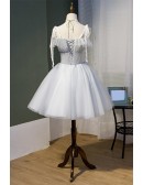 Grey Tulle Short Homecoming Dress with Appliques Sleeves