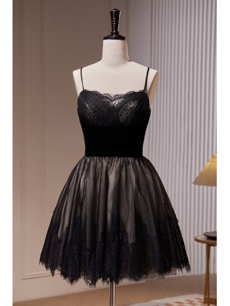 Little Black Short Tulle Homecoming Dress with Spaghetti Straps