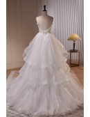 Elegant Ruffled Ballgown Long White Wedding Dress with Beaded Pearls