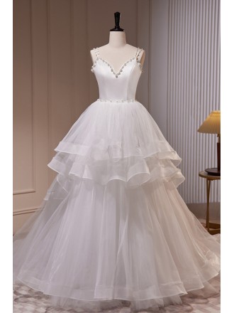 Elegant Ruffled Ballgown Long White Wedding Dress with Beaded Pearls