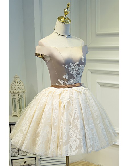 Champagne Lace Puffy Tulle Short Ballgown Prom Homecoming Dress Off Shoulder
