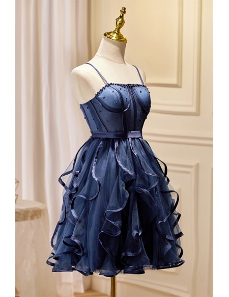 Navy Blue Ruffled Tulle Short Hoco Dress Corset Top with Straps
