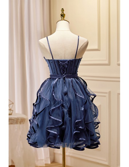 Navy Blue Ruffled Tulle Short Hoco Dress Corset Top with Straps