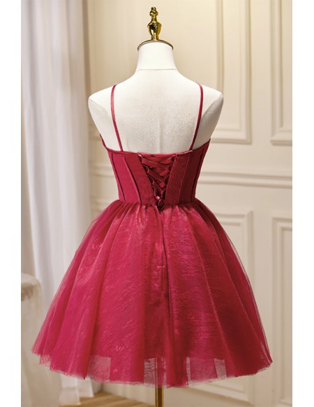 Simple Burgundy Red Lace Short Homecoming Dress with Spaghetti Straps