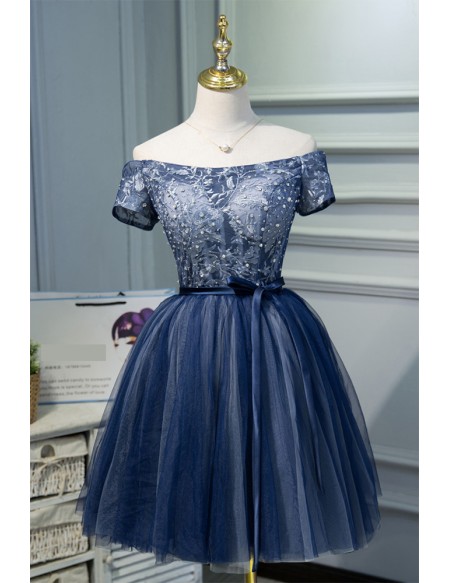 Navy Blue Short Tulle Homecoming Prom Dress with Off Shoulder Sash