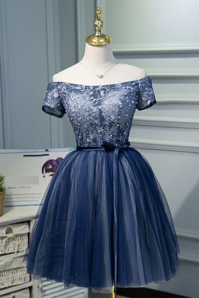 Navy Blue Tulle Short Homecoming Dress, Sweetheart Off Shoulder Navy Blue Short Prom Dress