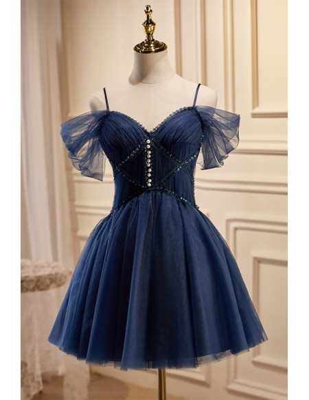 Navy Blue Short Tulle Homecoming Prom Dress with Beadings