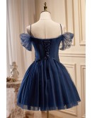 Navy Blue Short Tulle Homecoming Prom Dress with Beadings