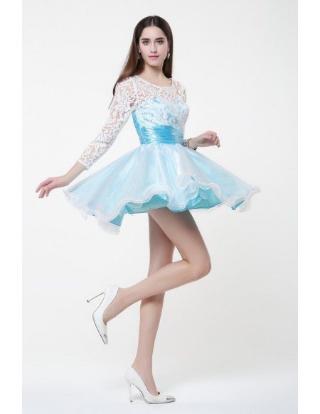 Unique Lace Sleeved Chiffon Prom Cocktail Dresses White and Blue