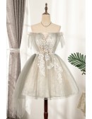 Gorgeous Grey Tulle Short Ballgown Homecoming Dress Off Shoulder with Jewelry Deco