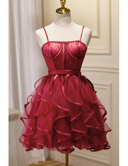 Burgundy Red Ruffled Tulle Hoco Party Dress with Beaded Straps