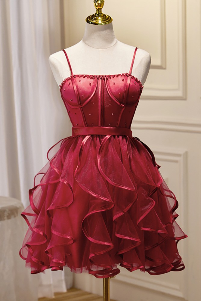 Burgundy Red Ruffled Tulle Hoco Party Dress with Beaded Straps #GR79090 ...