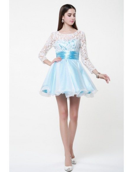 Unique Lace Sleeved Chiffon Prom Cocktail Dresses White and Blue
