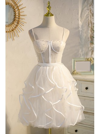 Special Light Champagne Ruffled Short Homecoming Dress with Beadings Spaghetti Straps