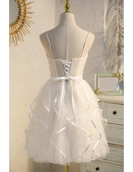 Special Light Champagne Ruffled Short Homecoming Dress with Beadings Spaghetti Straps