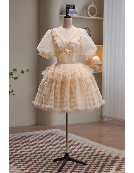 Retro Bubble Sleeves Champagne Tulle Short Party Dress Vneck