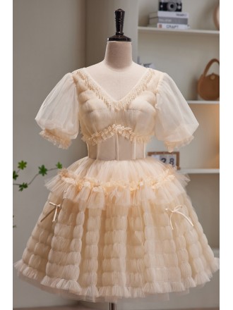 Retro Bubble Sleeves Champagne Tulle Short Party Dress Vneck