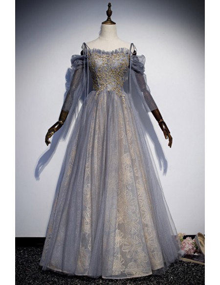 Grey Tulle Long Prom Dress with Gold Sequins
