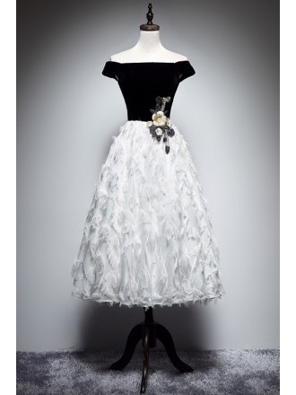 Elegant Black And White Feathers Tea Length Party Dress