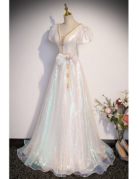 Unique Metallic Beaded Vneck Prom Dress with Bubble Sleeves