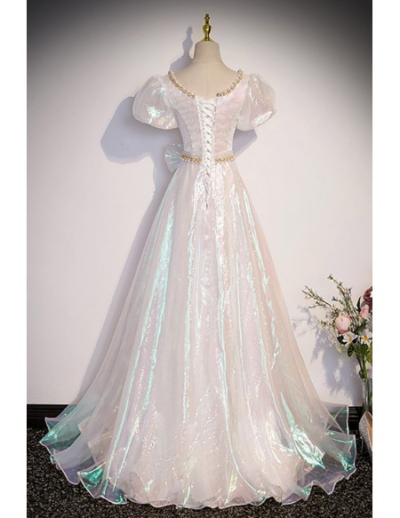 Unique Metallic Beaded Vneck Prom Dress with Bubble Sleeves