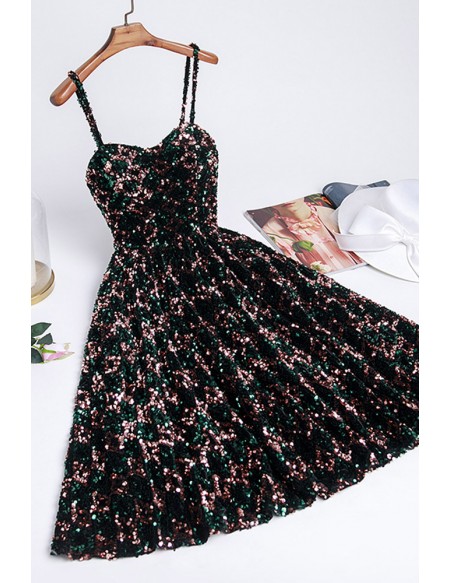 Tea Length Bling Sequins Semi Party Dress with Straps
