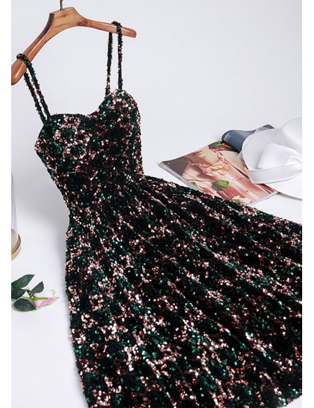Tea Length Bling Sequins Semi Party Dress with Straps