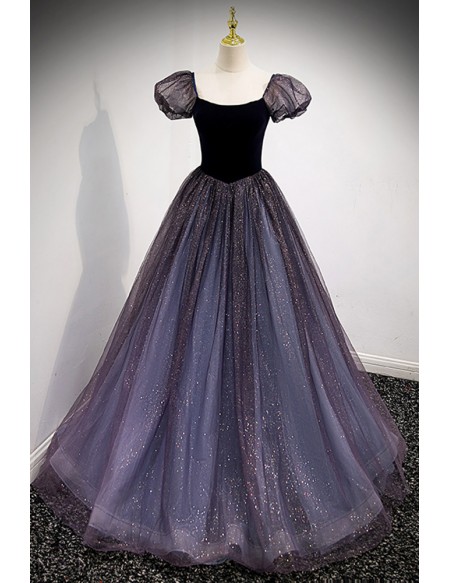 Retro Bubble Sleeves Bling Ballgown Prom Dress with Square Neckline