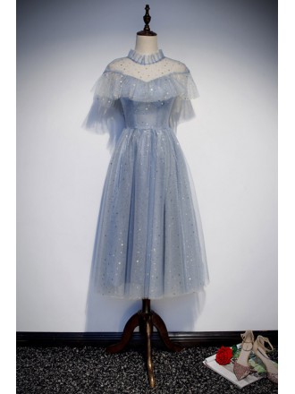 Blue Tulle Tea Length Party Dress with Bling Stars
