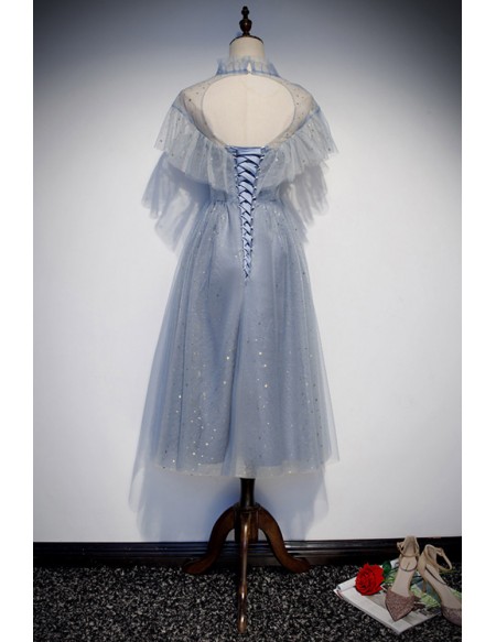 Blue Tulle Tea Length Party Dress with Bling Stars