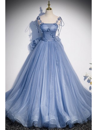 Fairytale Blue Flowers Long Tulle Ballgown Prom Dress