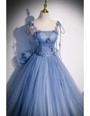 Fairytale Blue Flowers Long Tulle Ballgown Prom Dress