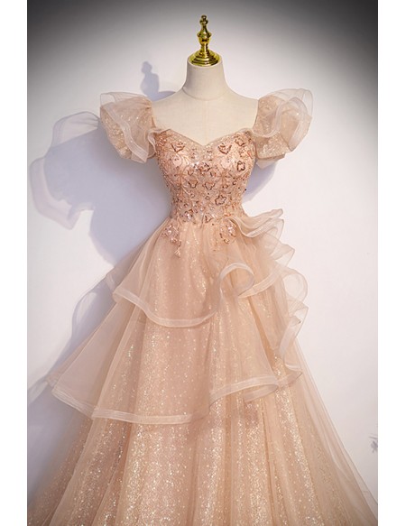 Champagne Tulle with Bling Ruffled Prom Dress with Beadings