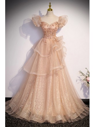 Champagne Tulle with Bling Ruffled Prom Dress with Beadings